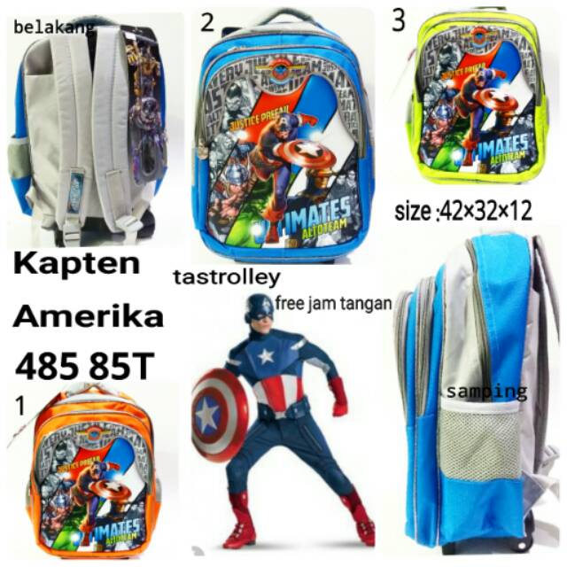 Tas anak cowok merk Alto gambar Avengers Captain America free jam tangan mainan