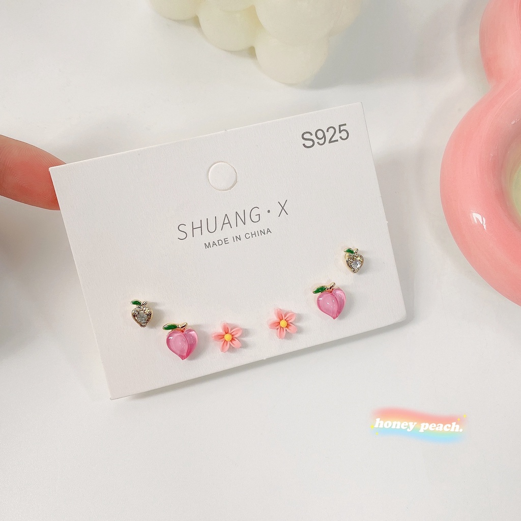 3 Pasang / Set Anting Stud Desain Bunga Peach Blossom Warna Pink Untuk Wanita