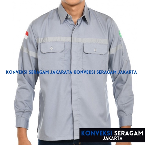 Baju Kemeja Safety K3 Lengan Panjang - Seragam Kerja Atasan Wearpack Werpack Werpak Proyek Tambang Warna Abu Pria Wanita - Konveksi Seragam Jakarta