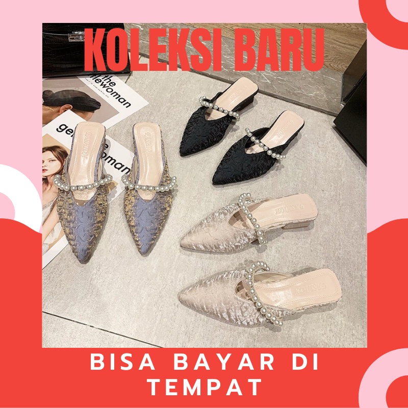 Sandal Heels Brukat Wanita Kekinian Korea Korean Style Remaja Import Sendal Hils Mutiara Brokat Kerj