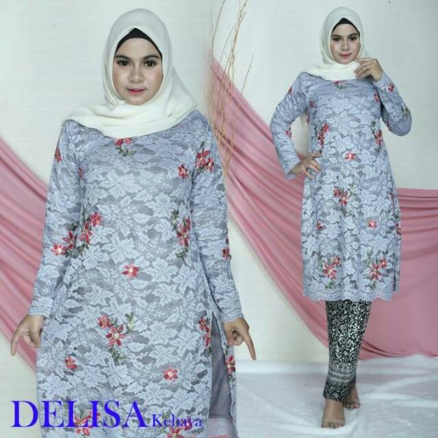 Setelan brukat bordir (tunik + rok plisket)