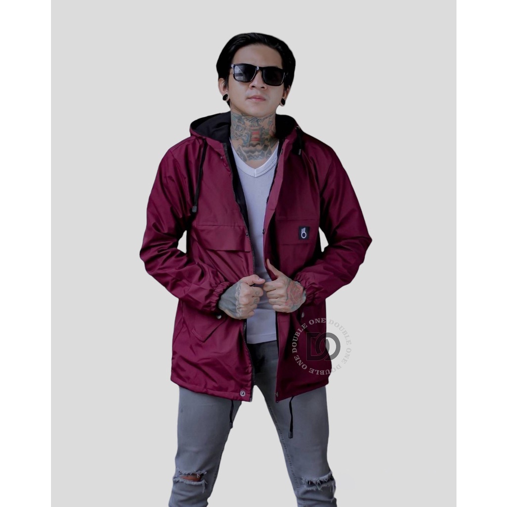 DOUBLE ONE - Jaket Hoodie Pria Outdoor Taslan Original The Bojiel / Jaket Parka Parasut / Jaket Hoodie Waterproof Maroon