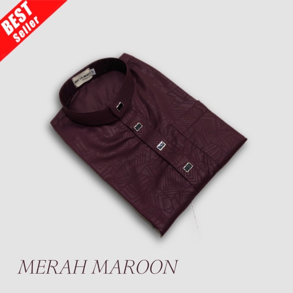 Baju koko melayu pria dewasa Bin Husein motif sultan premium lengan panjang merah maroon keren