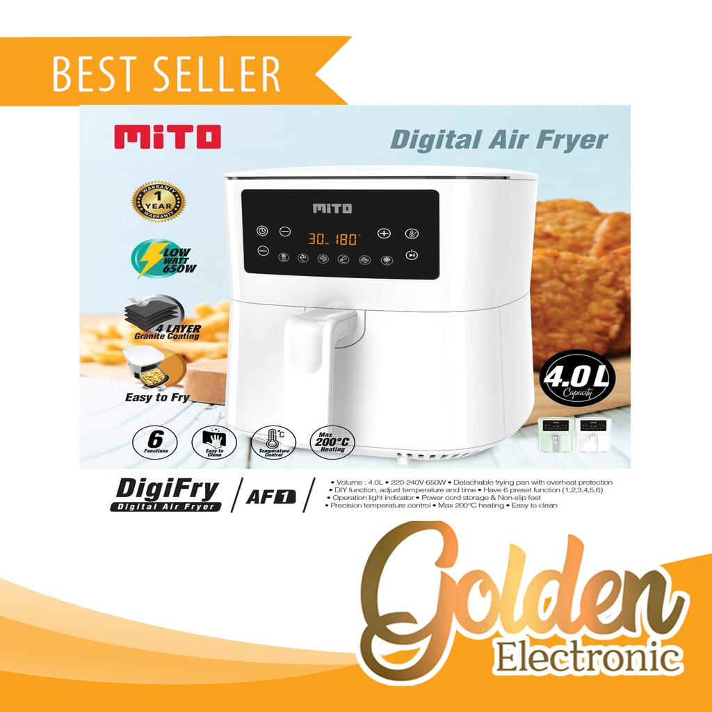 Mito Digital Air Fryer AF1 DigiFry Low Watt - Penggorengan Tanpa Minyak Wood Handle Kayu