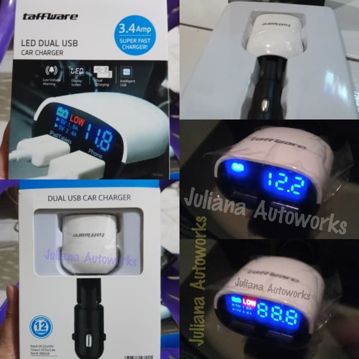 Car Charger Dual USB with LCD &amp- Voltmeter Black White - Taffware