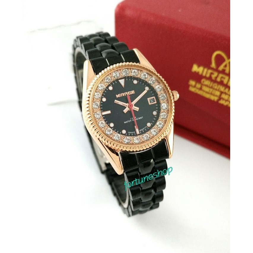 Jam Tangan Mirage 1579 Wanita Rosegold Black Original