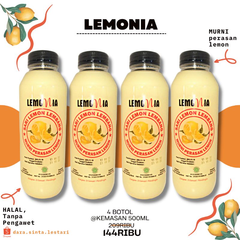 

PERASAN LEMON MURNI, 4 BOTOL 500mL LEMONIA MURAH BERKUALITAS