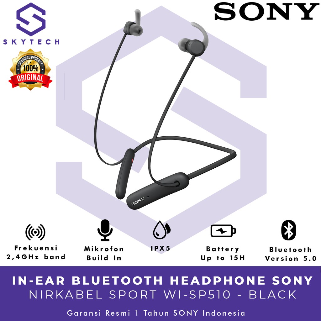 EARPHONE BLUETOOTH SONY WI SP510 BLACK ORIGINAL GARANSI RESMI