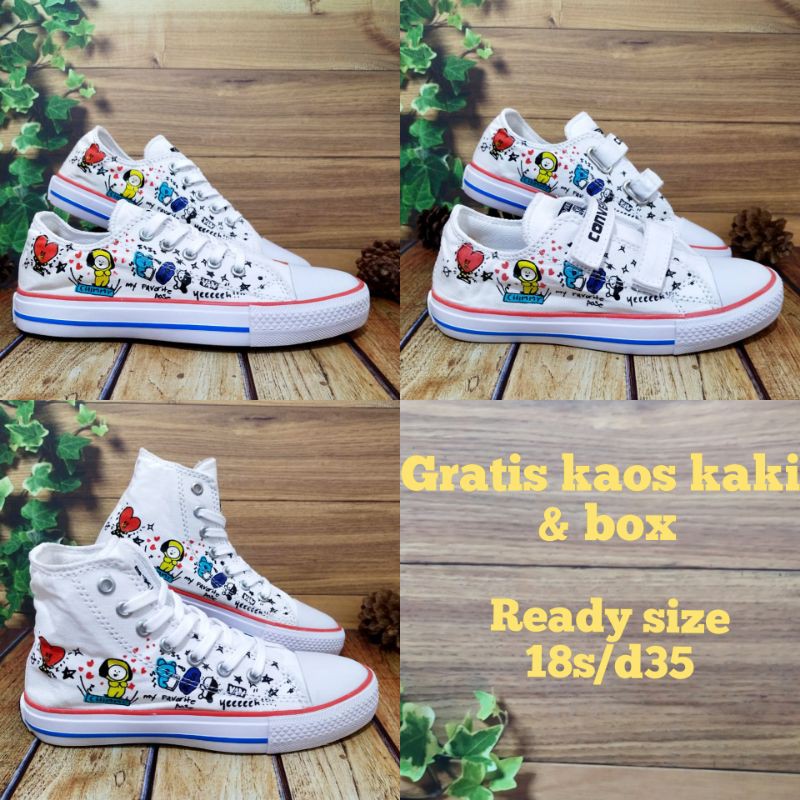 SEPATU BTS BT21 CONVERSE ANAK PEREMPUAN &amp; LAKI LAKI MOTIF KOREA KARAKTER WARNA PUTIH