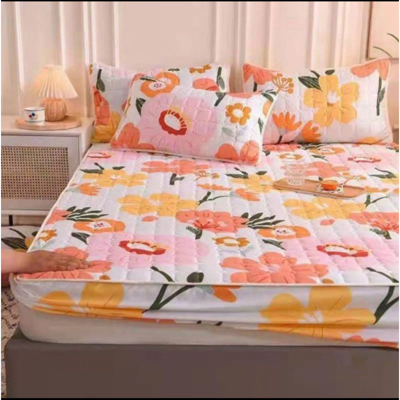 sprei waterproof uk-180x200x2,5cm ( anti ngompol)-Sprei bunga putih