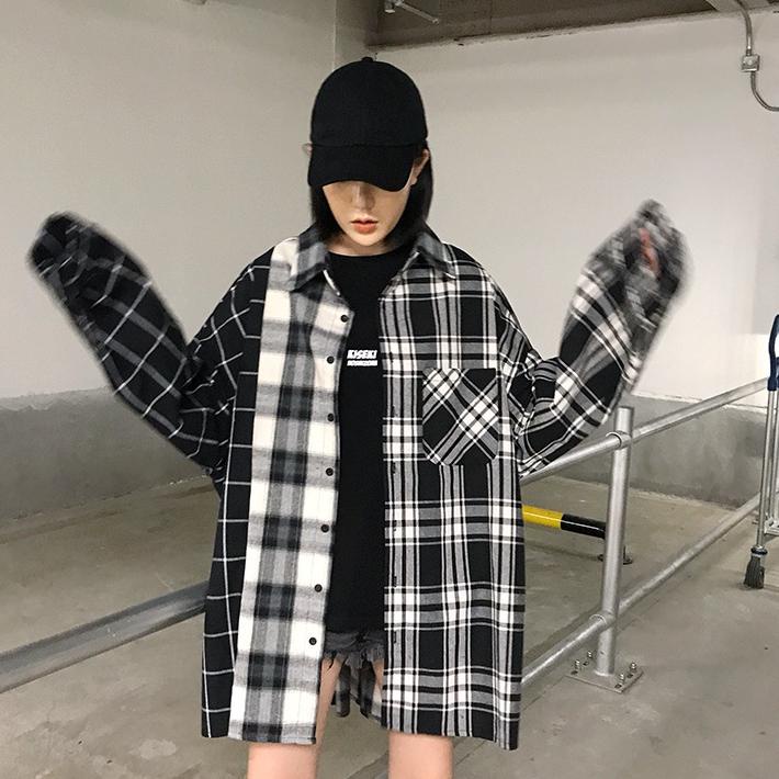☋ 【xiaozhainv】Jaket mid-length kemeja pakaian wanita kotak-kotak warna hitam dan putih Korea Atasan 