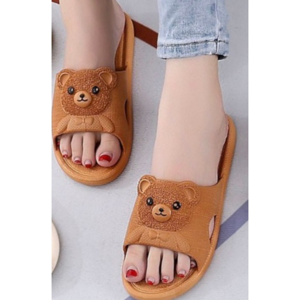 Sandal Slop Jelly Wanita Ban Motif Bear Timbul Sama Warna Super Cute Cantik Lucu Gemesin Import Mokaya / Size 36-41 (179)-Cokelat