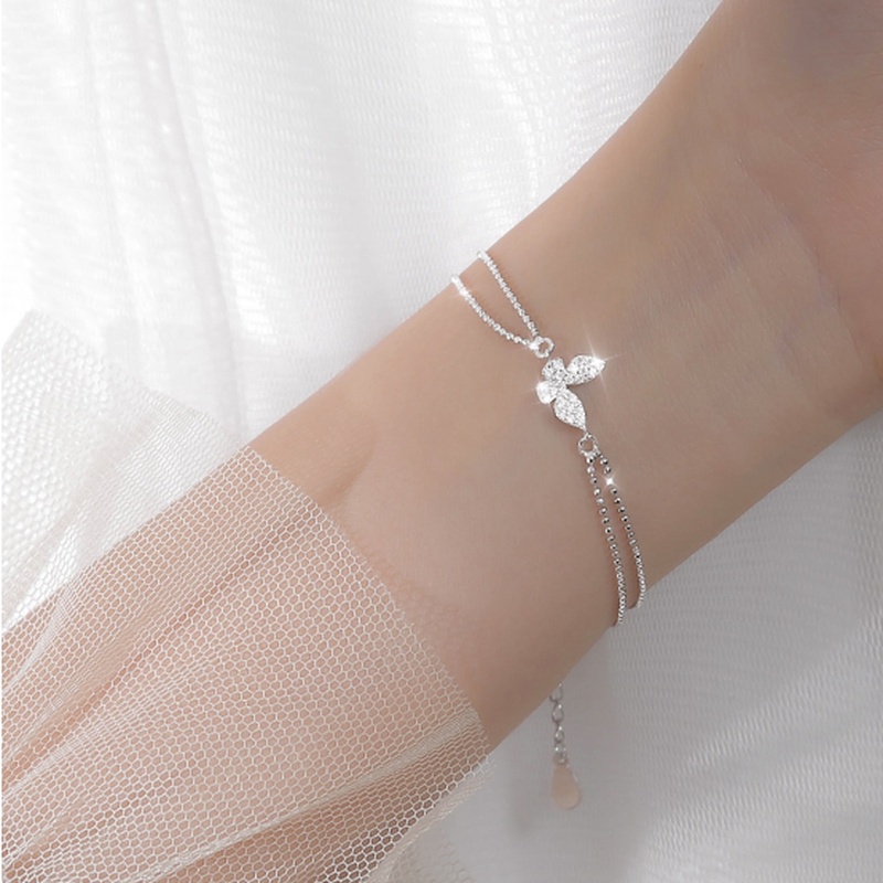 Roselife Gelang Tangan Rantai Silver Wanita Desain Kupu-Kupu Hias Kristal Gaya Korea