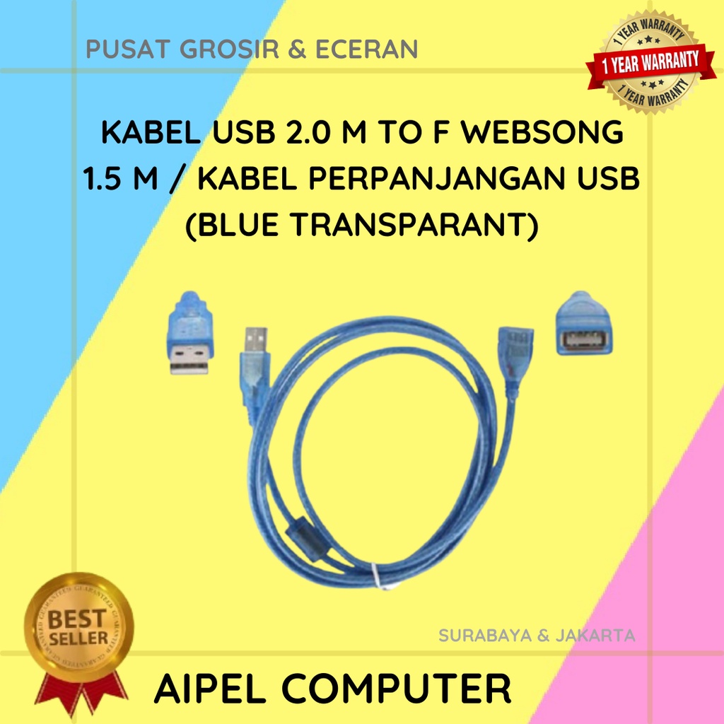 AFW1 | KABEL USB 2.0 MALE TO FEMALE WEBSONG 1.5 M / KABEL PERPANJANGAN USB (BLUE TRANSPARANT)