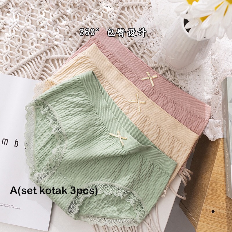 3 PCS/Kotak Celana Dalam Renda Lucu Warna-warni Nyaman CD Wanita