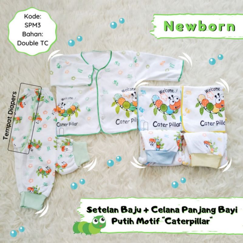 Setelan Baju Panjang + Celana Panjang Bayi Newborn Motif Caterpillar