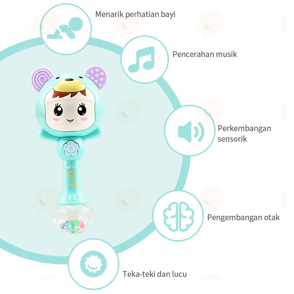 Lacoo Mainan Musik Bayi kartun Rattle stick anak dengan Lampu dan Teether