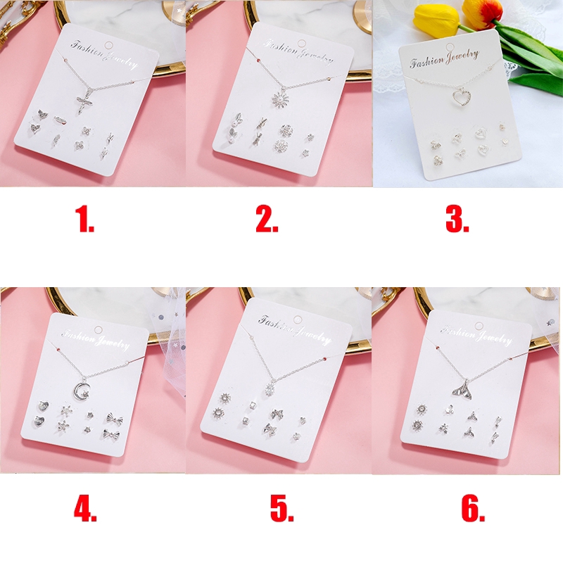 Kalung Anting Korea 4 Pairs Earings &amp; Necklace Set Korean Stup Women's Ear Clip Earings