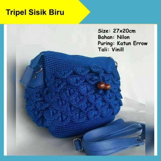 Tas Rajut Wanita Tripel Sisik Serut Selempang Tali Panjang Shoulderbag Biru