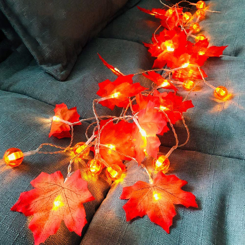 1.5/3m 3D Lampu Labu Syukuran Dekorasi Halloween String Lampu Jatuh Red Maple Leaf Garland Maple Leaf Autumn Lights Pumpkin LED