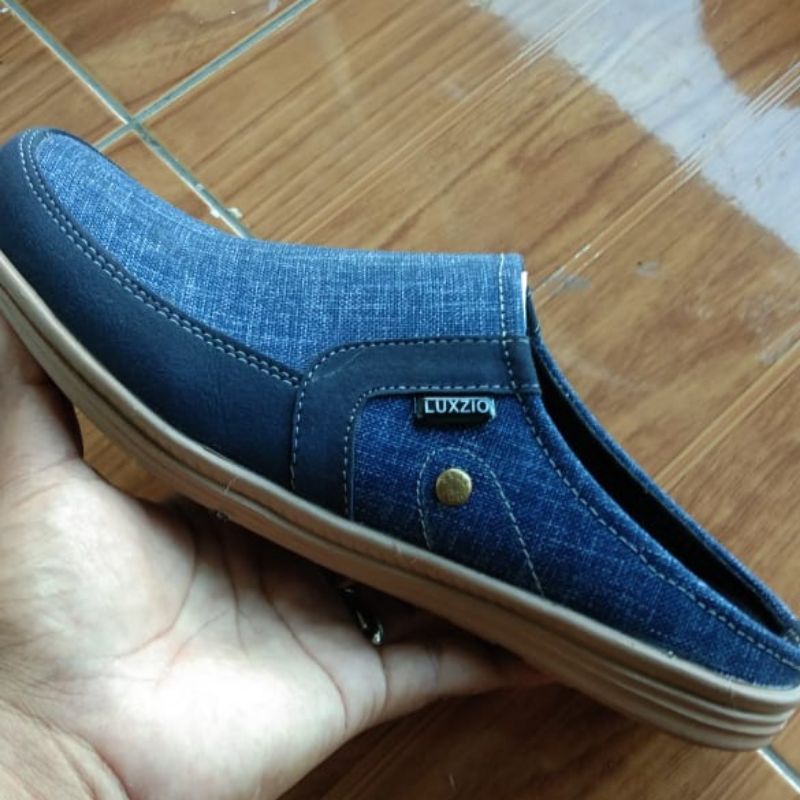 Sandal Selop Bustong Pria Slip On Jeans Slop Kasual Kulit Sintetis Premium Sol Lentur Kanvas Cowok