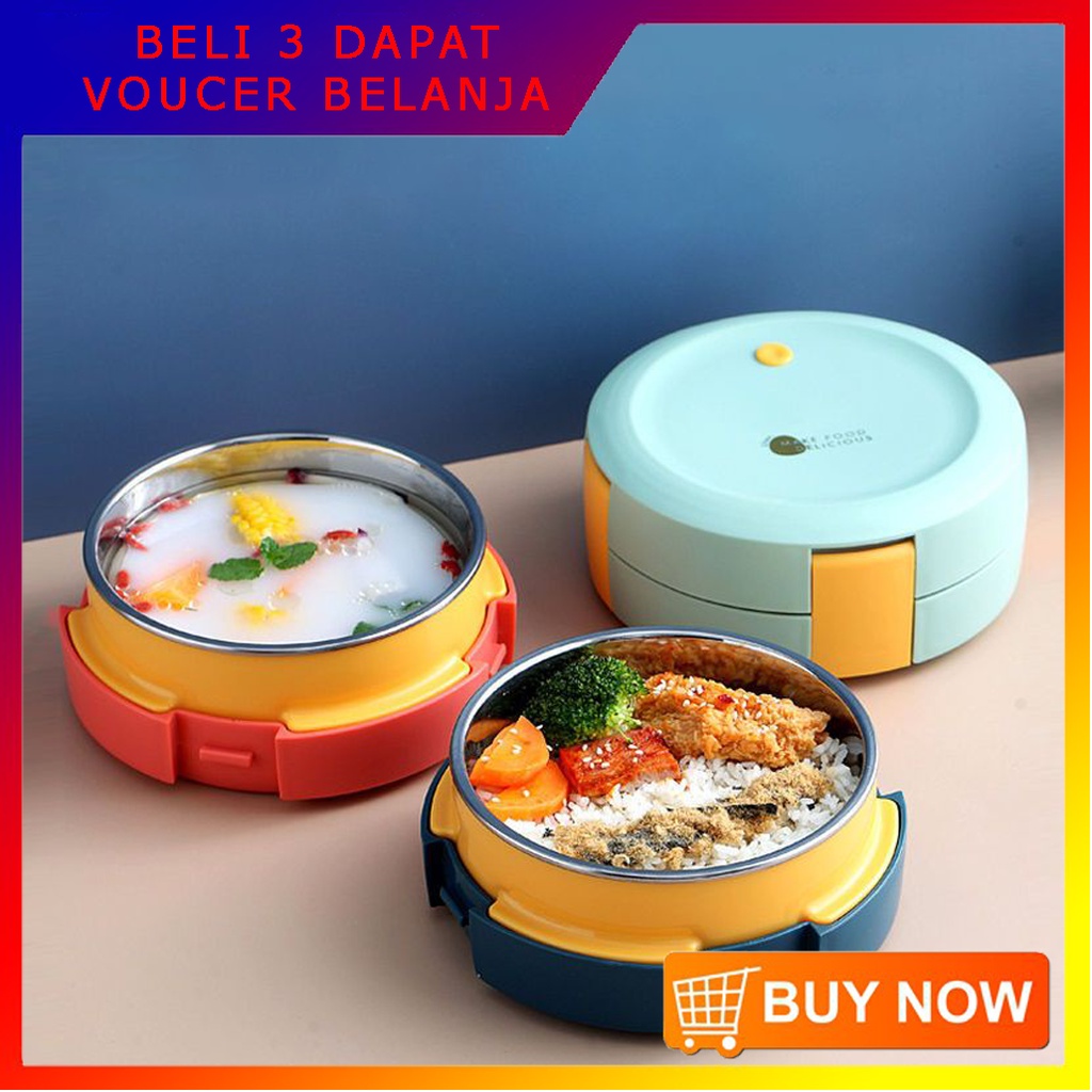Jual Kotak Makan Siang Bulat Stainless Steel SUS304 Anti Slip Anti Tumpah Double Lock Tempat