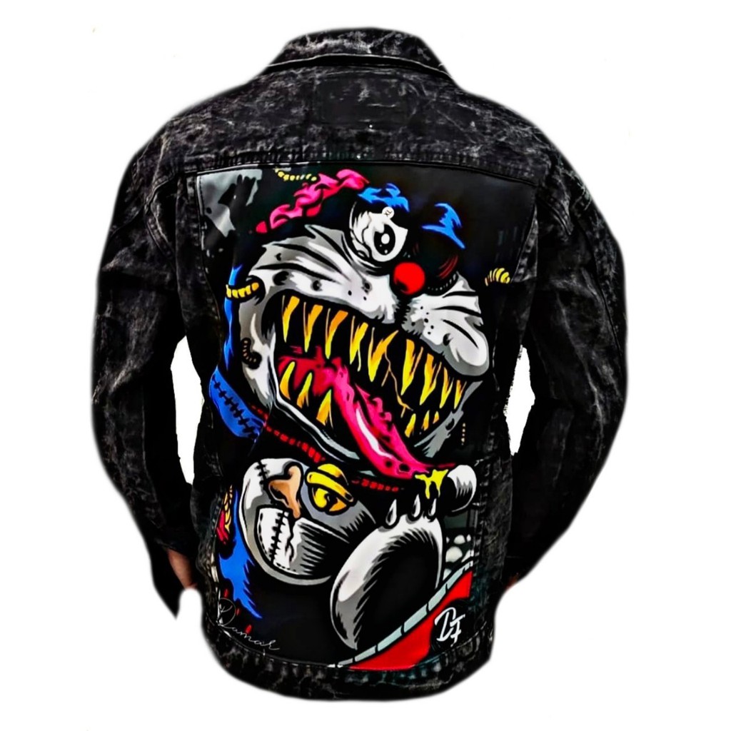 JAKET DENIM PRIA/ WANITA-EARNA HITAM WASH GAMBAR BELAKANG DORAEMON / JAKET JEANS WASH UNISEX