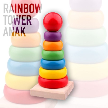 Mainan Susun Anak Rainbow Tower Menara Donat Mainan Balok Kayu