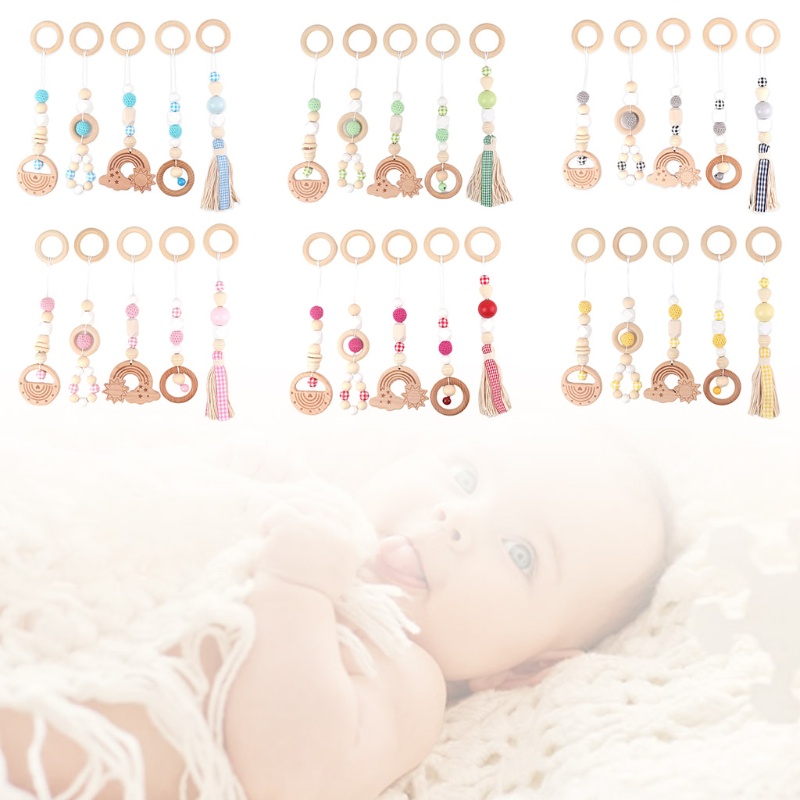 Mary 5pcs / Set Mainan Rattle Teether Ring Kayu Beech Untuk Stroller Bayi