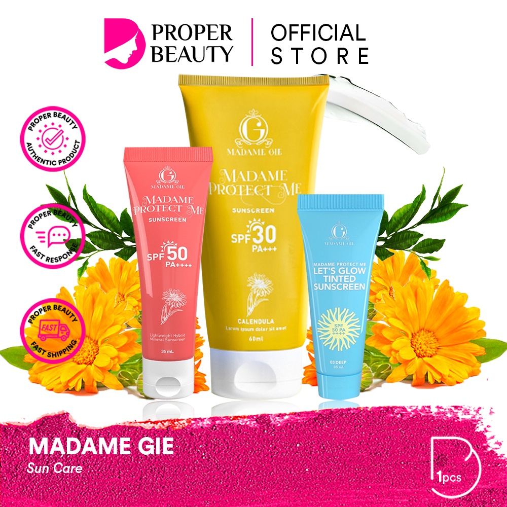 MADAME GIE Sun Care Indonesia / Sunscreen Sunblock Tabir Surya UVA UVB Anti Blue Light Protection Protector Shield Pelindung Sinar Matahari Wajah Tubuh / SPF 30 50 PA++++ / Sun Screen Sunblok / Skincare Face / Protect Tinted Cream Gel Serum Watery / Paket