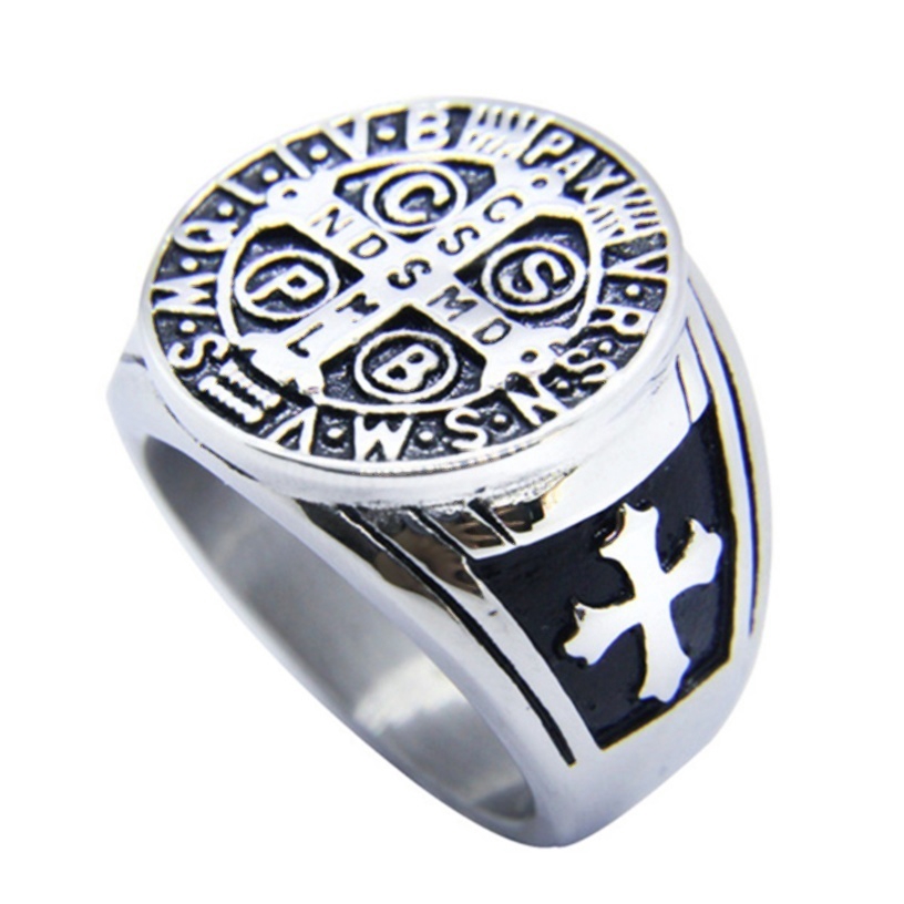 New Arrival 316L Stainless Steel Catholic Church Saint Benedict of Nursia Christianity Jesus Exorcism Ring Size 7-14