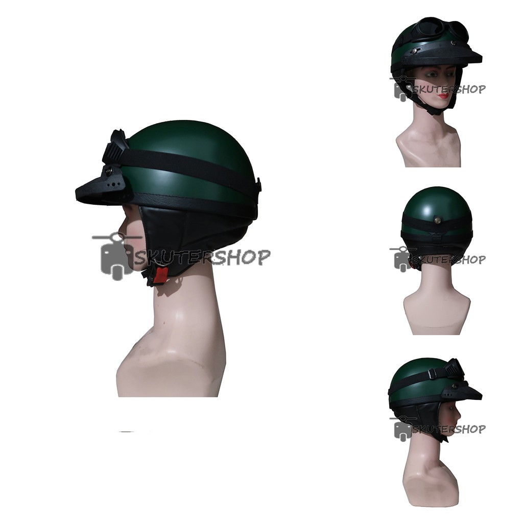 Skutershop Helm Chip Chips Club New Retro Klasik Jap Style Hijau Army Doff + Kacamata + Topi Pet