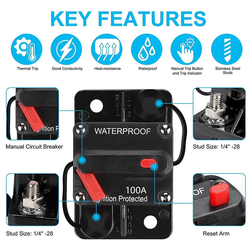 Waterproof Circuit Breaker,With Manual Reset,12V-48V DC,100A,for Car Marine Trolling Motors Boat Power Protect