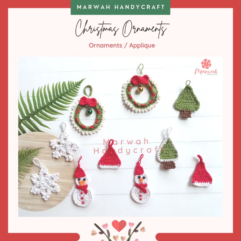 Ornamen Natal Rajut Aplikasi Rajut Ornament Natal Christmas Ornametnts Snow Flake Snowman Santa Hat