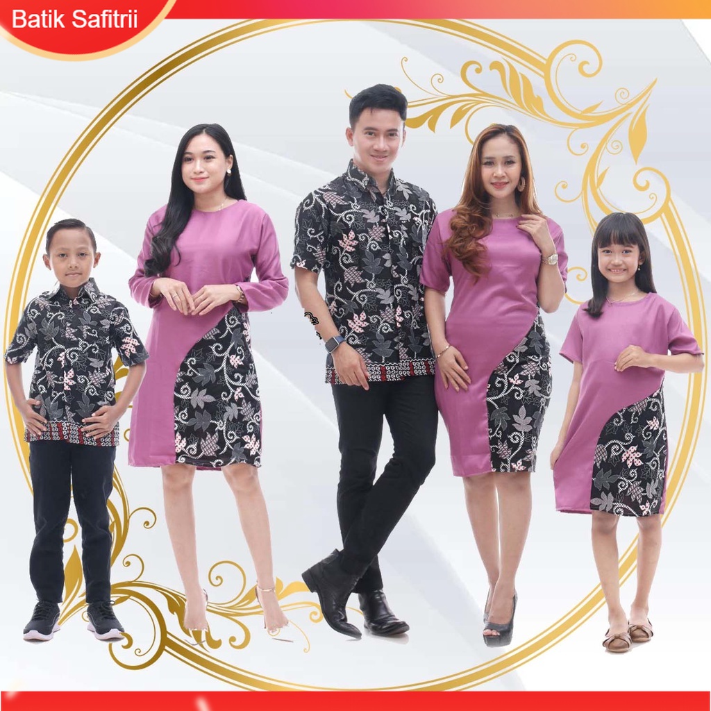Couple Keluarga - Batik Kombinasi Keluarga Natal - Ibu Bapak Anak - Motif Moscrep Ungu - Dress Tunik