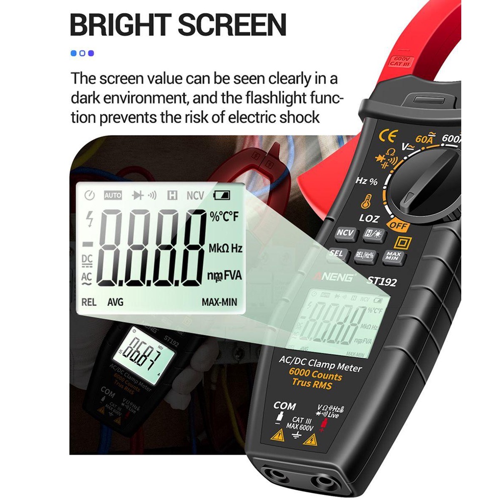 Solighter Digital Clamp Meter Kapasitansi Presisi Tinggi NCV Ohm Hz Transistor 60A/600A Tester Penjepit Arus AC/DC