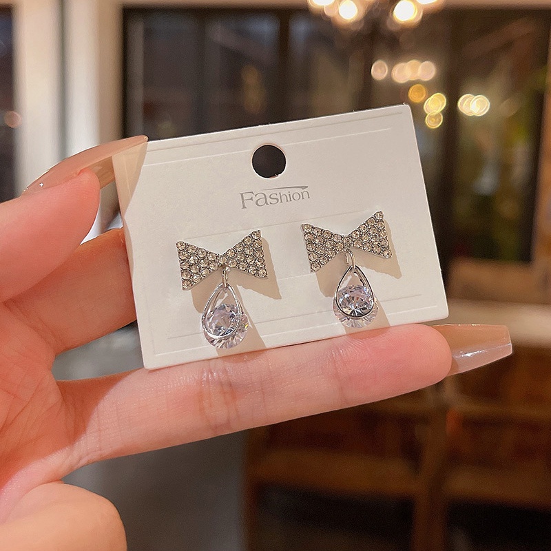 Anting Tusuk Gantung Bahan Sterling silver 925 Desain Pita Hias Zircon Gaya Mewah Untuk Wanita