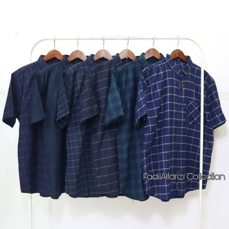 Kemeja Flanel Kotak Catur Abu Pria Lengan Pendek Kemeja Flannel Cowok Lengan pendek