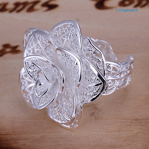 Ls Cincin Lapis Silver Model Terbuka Bentuk Bunga Hollow Elegan Untuk Wanita