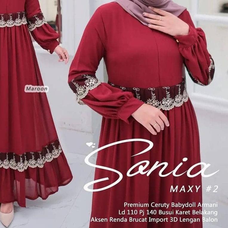 Sonia Maxy / Gamis Ceruty Babydoll Premium Aksen Renda Kekinian / Baju Dress Muslim Lengan Balon Mur