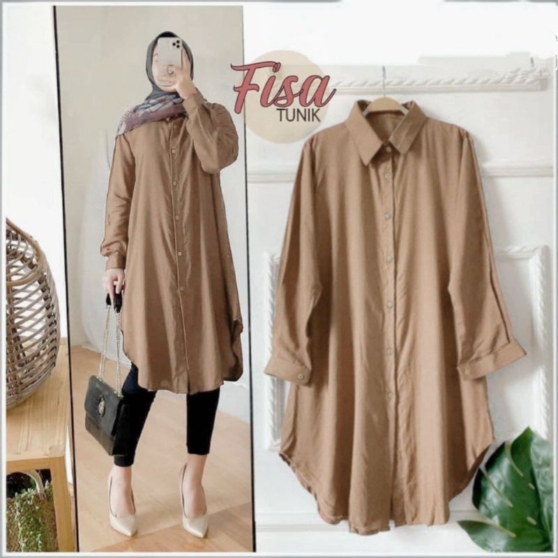 FISA TUNIK / ATASAN LONG TUNIK MUSLIM PANJANG Wanita Polos Terbaru Full Kancing Busui Moscrepe Premium / Baju atasan wanita panjang muslim Long tunik polos trendy adem nyaman di pakai