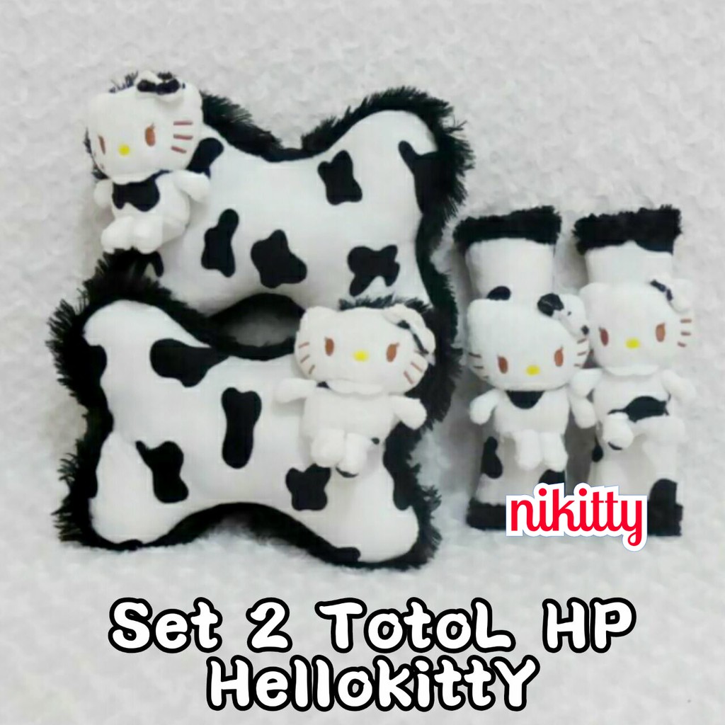 Bantal Mobil Set 2 HelloKitty Totol Hitam Putih lucu