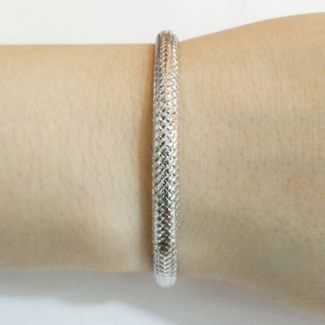 Gelang Tangan Bangle Bulat Ukir Perak Silver 925 Asli Lapis Emas Putih
