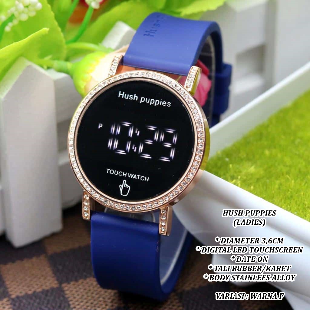 (BISA COD) JAM TANGAN WANITA HUSH PUPPIES TALI RUBBER BODY BULAT LED TANGGAL AKTIF