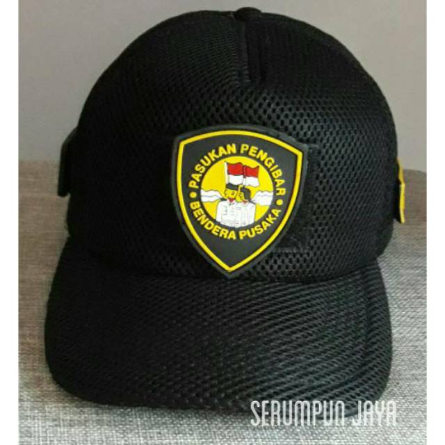 TOPI PURNA PASKIBRAKA 3PATCH- TOPI PENGIBAR BENDERA JARING VELCRO HITAM - PPI