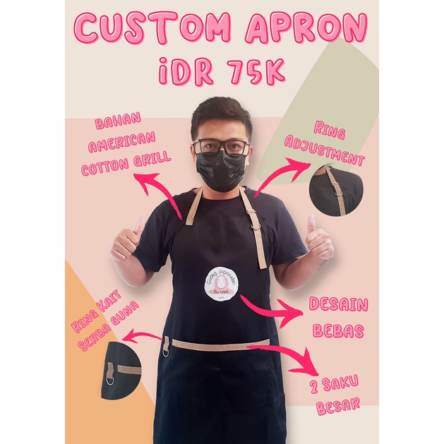 APRON CELEMEK APRON CUSTOM APRON BARISTA CUSTOM CELEMEK CUSTOM APRON MASAK CUSTOM LOGO SABLON DESAIN