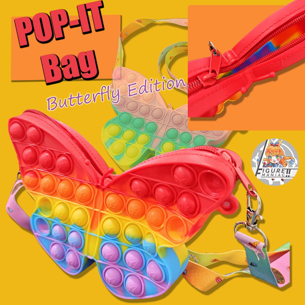 Figure Maniac - Tas Pop It Mini Medium Selempang 15 CM Rainbow Butterfly Unicorn Tas Anak