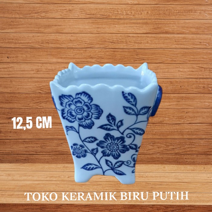 Vas Bunga Keramik kotak Tinggi 12.5 Pot Bunga keramik biru Putih