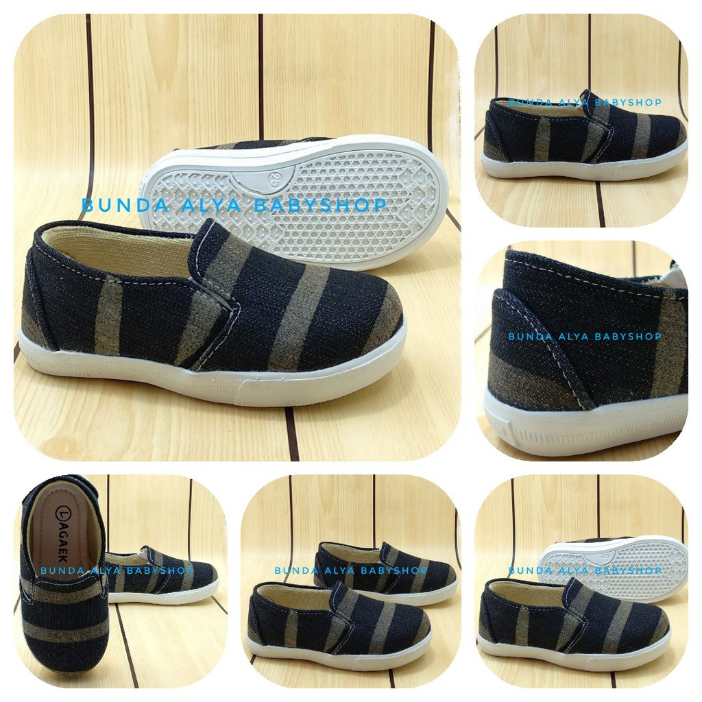 Sepatu Anak Perempuan Jeans Salur Usia 1 2 Tahun HITAM - Sepatu Anak Cewek Stripe Denim Keren Alas Karet Size 22 - 25 34 - 35