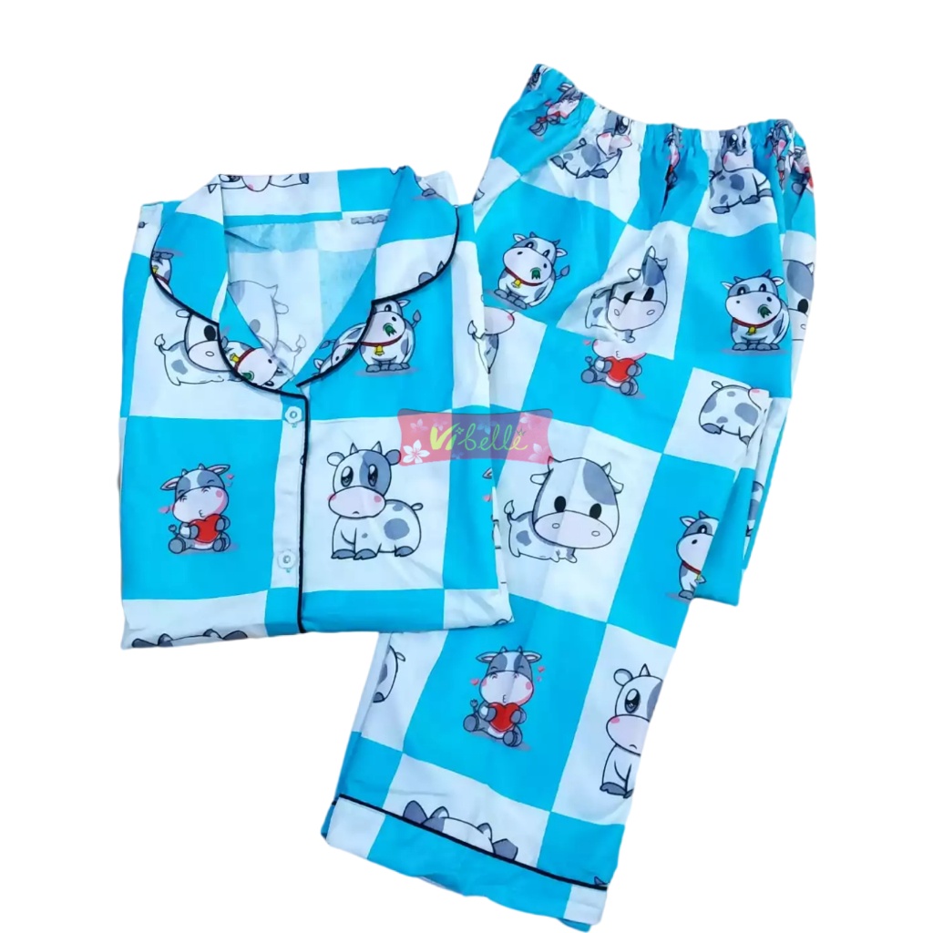VIBELLECP - CP Vibelle shop grosir baju tidur piyama karakter fashion murah wanita-CP COW BIRU